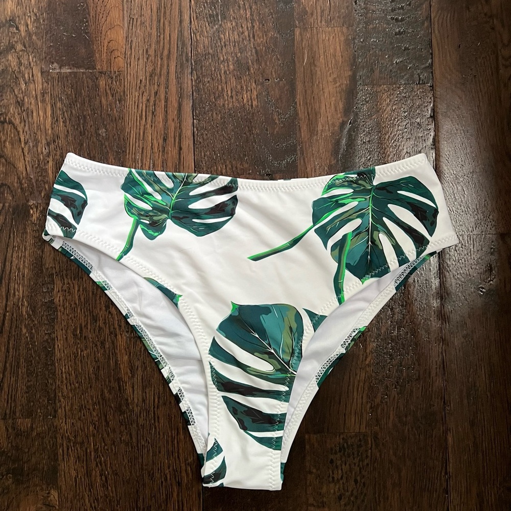 Green eucalyptus print high waisted white bikini bottoms